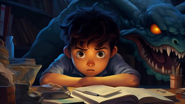 Boy cowering in his bed, as a snake-like monster with glowing, threatening eyes wraps around his bedpost	
