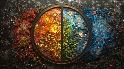 Immerse yourself in a visually mesmerizing artistic representation showcasing the four elements of nature - Earth, Wind, Fire, Air, and Water - forming a circular pattern
