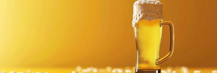 Horizontal banner. International Beer Day. A mug of cold light beer with foam on a yellow background. Free space for text, copy space