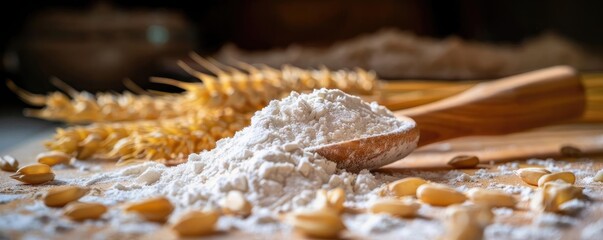 Close-up image of wheat flour with wooden spoon and wheat kernels in the background, highlighting natural ingredients and baking essentials.