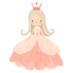 Fototapeta premium Cute fabulous girl princess in a fluffy pink dress and crown, baby print.Simple cartoon flat illustration on transparent background PNG