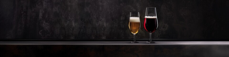 Elegant Wine Glass and Beer Bottle on Black Background, Generated by AI.
