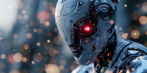 Closeup of a robot head on a blurred background with lights. Sci-Fi futuristic background. Created with Generative AI technology.