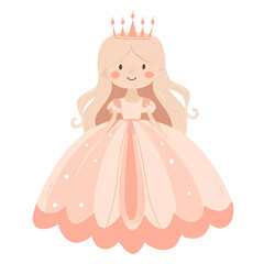 Fototapeta premium Cute fabulous girl princess in a fluffy pink dress and crown, baby print.Simple cartoon flat illustration on transparent background PNG
