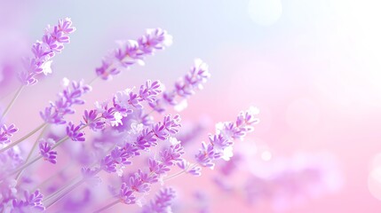 Naklejka premium Close-up of beautiful blooming lavender flowers against a soft pastel backdrop. Perfect for backgrounds, natural beauty, and relaxation themes.