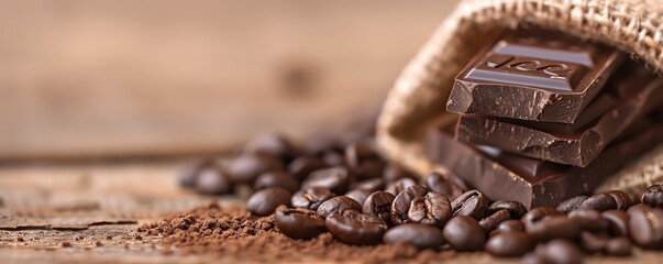 Close-up of dark chocolate bars and coffee beans on a rustic wooden table, elegantly spilling from a burlap sack for a cozy, warm ambiance.