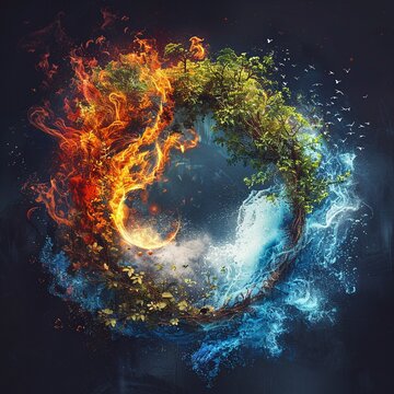 Immerse yourself in a visually mesmerizing artistic representation showcasing the four elements of nature - Earth, Wind, Fire, Air, and Water - forming a circular pattern