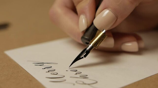 close-up calligraphy. woman applies paint on the nib of the pen for lettering. metallic ink for calligraphy.  girl holds a brush in her hand. beautiful handwriting. penmanship.believe.merry christmas