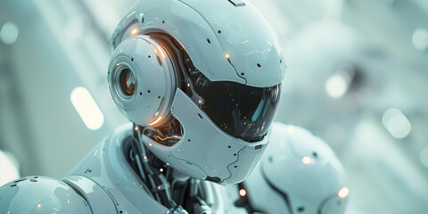 Fototapeta premium Closeup of a robot head on a blurred background with lights. Sci-Fi futuristic background. Created with Generative AI technology.