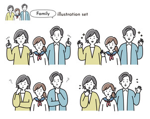 家族イラストセット　表情　3人家族　子供　学生　日本人　若い　おしゃれ　かわいい