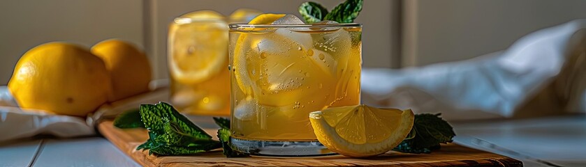 Refreshing lemon and mint infused iced tea in glass with ice cubes on wooden board, perfect for a summer drink.