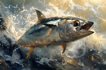 Naklejka premium Close-up of a tuna in water with a visible head and eye