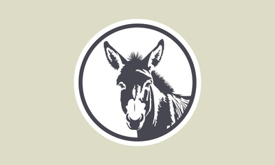 Vector black and white sticker with an eared cute donkey head in a circle. Cuddly portrait. Logo, badge, stencil or emblem.