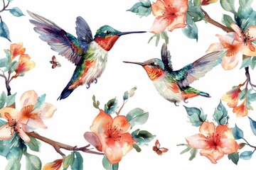 Fototapeta premium colibri birds pattern, watercolor style. ai generated