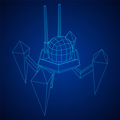 Spider robot with radar antenna. Nanobot, nanotechnology medical concept. Wireframe low poly mesh vector illustration