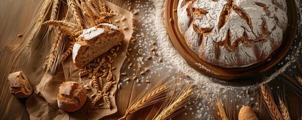 Fototapeta premium Rustic loaf of bread with wheat and flour on wooden table, showcasing artisanal baking in a warm, inviting setting.