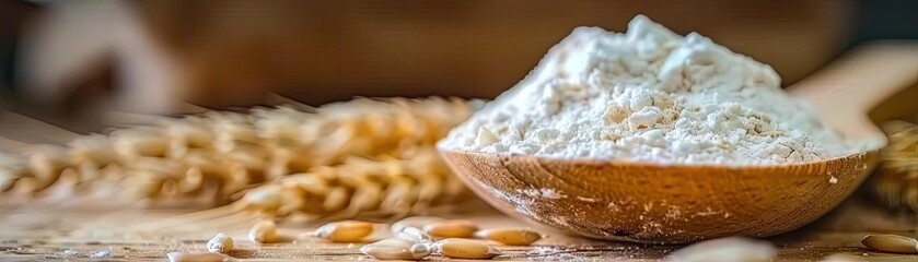 Close-up of a wooden spoon filled with flour, surrounded by wheat grains and ears, depicting baking ingredients and natural food products.