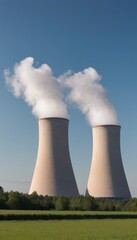 A power plant with three large cooling towers emitting steam, set against a backdrop of lush greenery