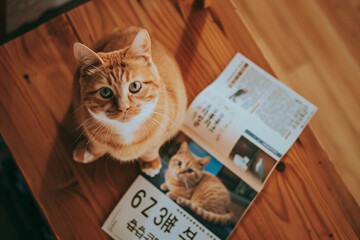 Naklejka premium a cat sitting on a table next to a book