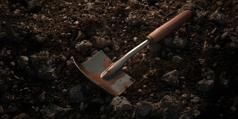 Shovel digging in dark soil 3D render. Concept Gardening, Tools, Soil, Digging, 3D Rendering