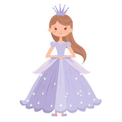 Fototapeta premium Cute fabulous girl princess in a lush lilac dress and crown, baby print.Simple cartoon flat illustration on transparent background PNG