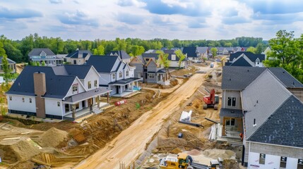New housing development in a suburban area with multiple homes under construction