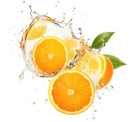 Fresh delicious oranges splashing with leaves, cut out