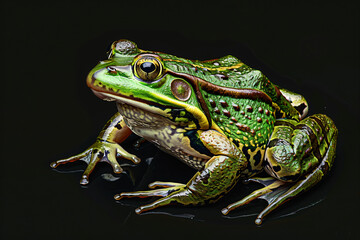Fototapeta premium a frog with a green and yellow body sitting on a black surface