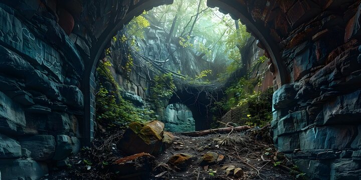 Panoramic view of abandoned mine tunnel entrance leading to dark catacomb. Concept Abandoned Mines, Underground Tunnels, Creepy Catacombs, Dark Exploration, Urban Decay
