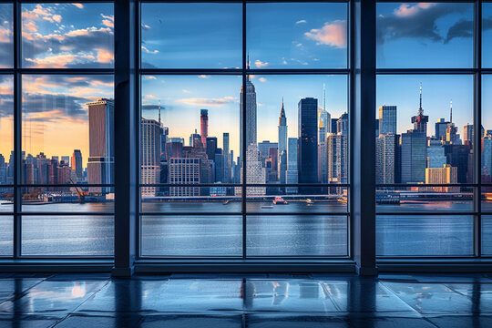 Fototapeta The New York City skyline seen through the frame of a large window, with the buildings perfectly aligned