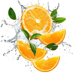 Fresh delicious oranges splashing with leaves, cut out