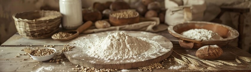 Rustic kitchen scene with flour, bread, and ingredients laid out on a wooden table, evoking a cozy, homemade baking ambiance.