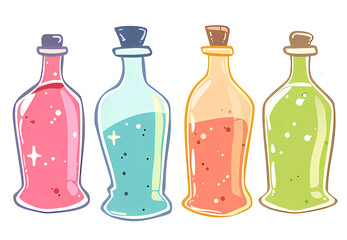 Cute bottles with magic potion, elixir, witchcraft and magic element, clipart, baby print.Simple cartoon flat illustration on transparent background PNG
