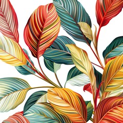 Vibrant, colorful tropical plant leaves digital illustration showcasing detailed natural patterns and striking contrasts.