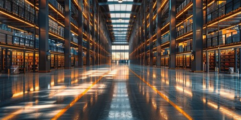 Empty Industrial Warehouse with Reflective Floor