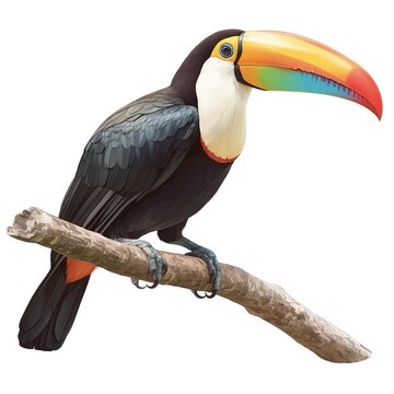 recommend clip art: Colorful toucan perched on a branch with vibrant beak and black feathers. Tropical bird in nature setting.