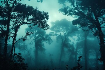 Obraz premium A forest with trees that are mostly bare and have a foggy atmosphere