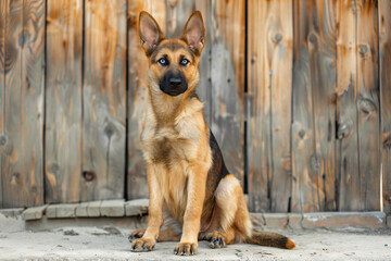 a dog sitting on a concrete slab in front of a wooden fence