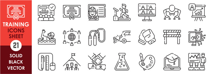 A set of line icons related to training. Train, innovate, progress, gym, physical, leadership, machine learning, swimming, study, worldwide, driving, and so on. Vector outline icons set.