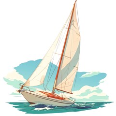 Fototapeta premium Illustration of a sailboat on the ocean with blue skies and white clouds, capturing the essence of sea adventure and freedom.