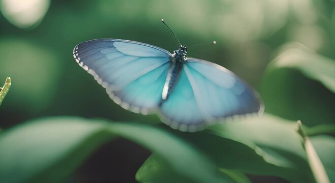 Closeup of a Blue Butterfly resting on a green leaf, muted colors, cinematic contour lighting, low contrast ProLog, award-winning composition, chromatic aberration