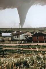 Fototapeta na wymiar Large tornado approaches a rural residential area with houses, power lines, and open fields under a cloudy sky.