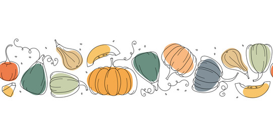 Seamless Pumpkin border. Hand drawn autumn vector backdrop. Line sketch on bright spots.