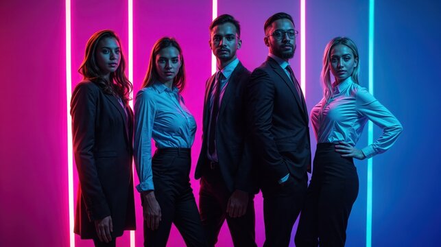 A group of four professionals pose for a photo shoot
