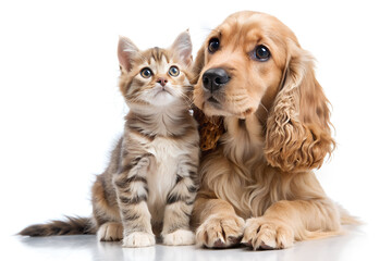 Obraz premium Spaniel puppy and kitten on a white background.