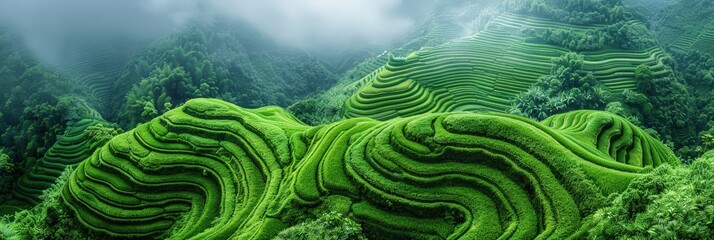 Serene Green Terraces in a Misty Landscape