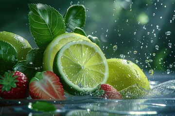 Fresh lemons and strawberries with water splashes under natural light, showcasing vibrant colors and refreshing mood.