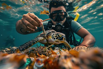 Marine Conservation in Action: Diver Rescues Entangled Sea Turtle from Ocean Debris