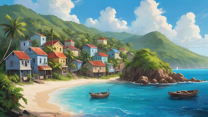  Oil painting illustration atmospheric landscape of a small town by the caribbean sea