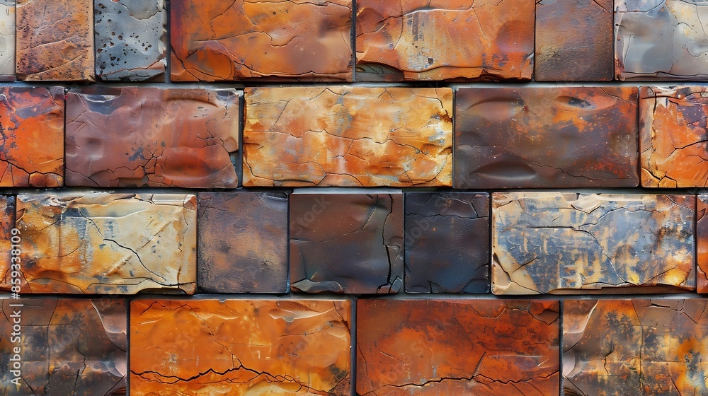 Poster red textured brick wall background with old cement blocks and brown stone pattern in exterior constr